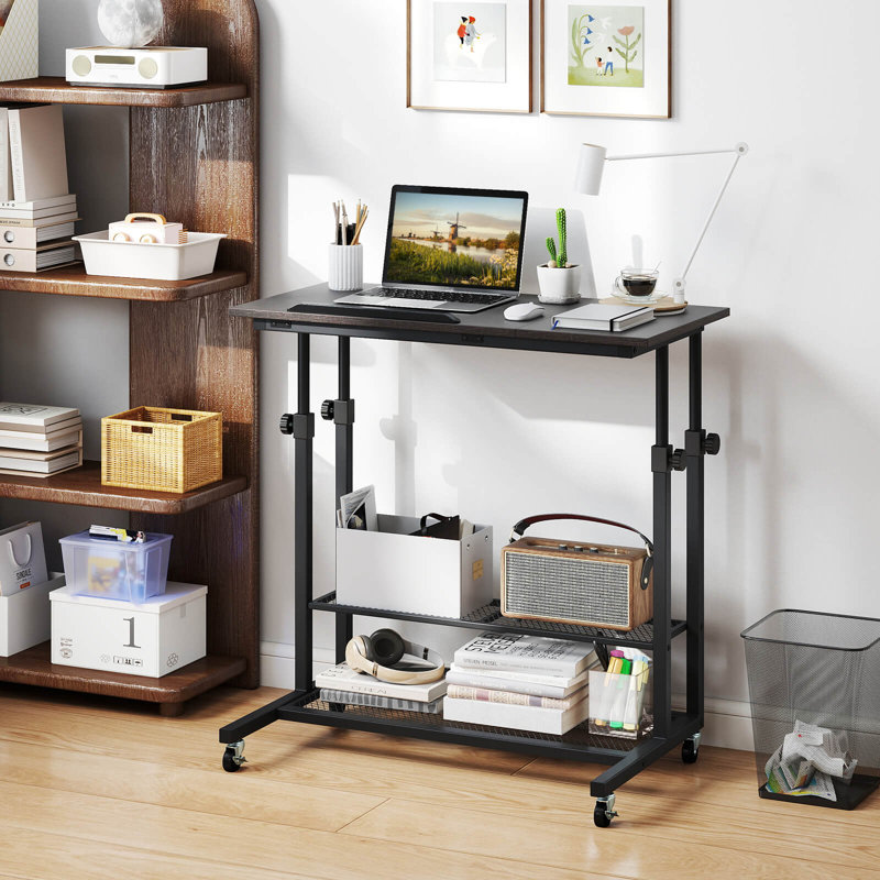 Bureau mobile mobile avec tablettes de rangement inclinables sur roulettes pour salon gris
