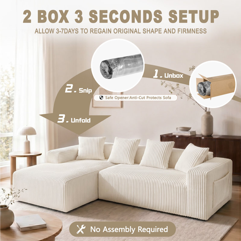 Modern Oversized 262cm Boneless Corner Sofa L-Shaped Corduroy Sofa With Storage Pockets, Beige, Left Hand Facing