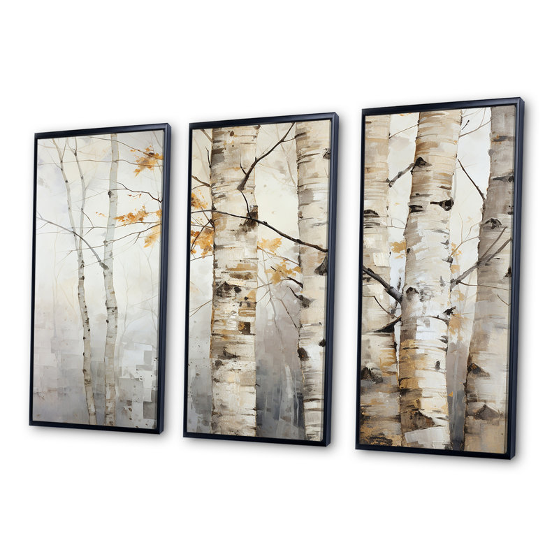 Ensemble d'art mural en toile argent et beige avec bouleau, H 32 po x l 48 po, Cadre flottant noir