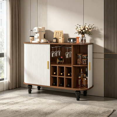 Fluted Liquor & Coffee Bar Cabinet With 6 Wine Racks, 3 Glass Holders, And Large Storage Drawer, Mid-Century Modern Design