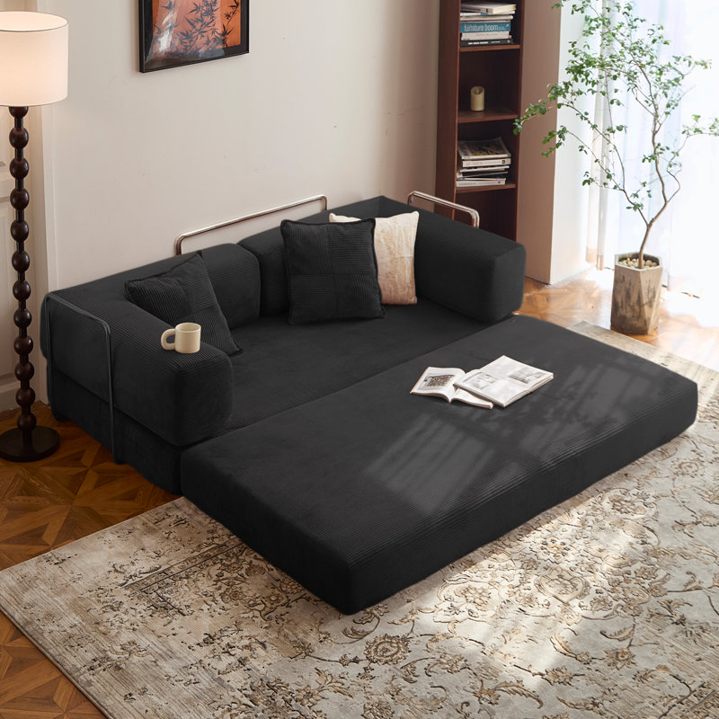 59"Fold Out Modular Sofa Bed Convertible Floor Sofa Couch Corduroy Folding Mattress Lounge Couch for Livingroom Bedroom Office No Assembly Required with Fixed-Shape Frame(Green)