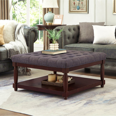 Grande table basse carrée avec repose-pieds en lin capitonné et grand repose-pieds avec tablette en bois massif - gris foncé
