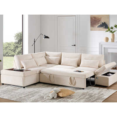 Canapé-lit d'angle en forme de L de 272 cm (107 po) avec mécanisme d'extension, accoudoirs réglables pour plus de confort, port de chargement USB-C, rangement, design peu encombrant, lit en chenille beige, déplié, chargement et rangement, mobile