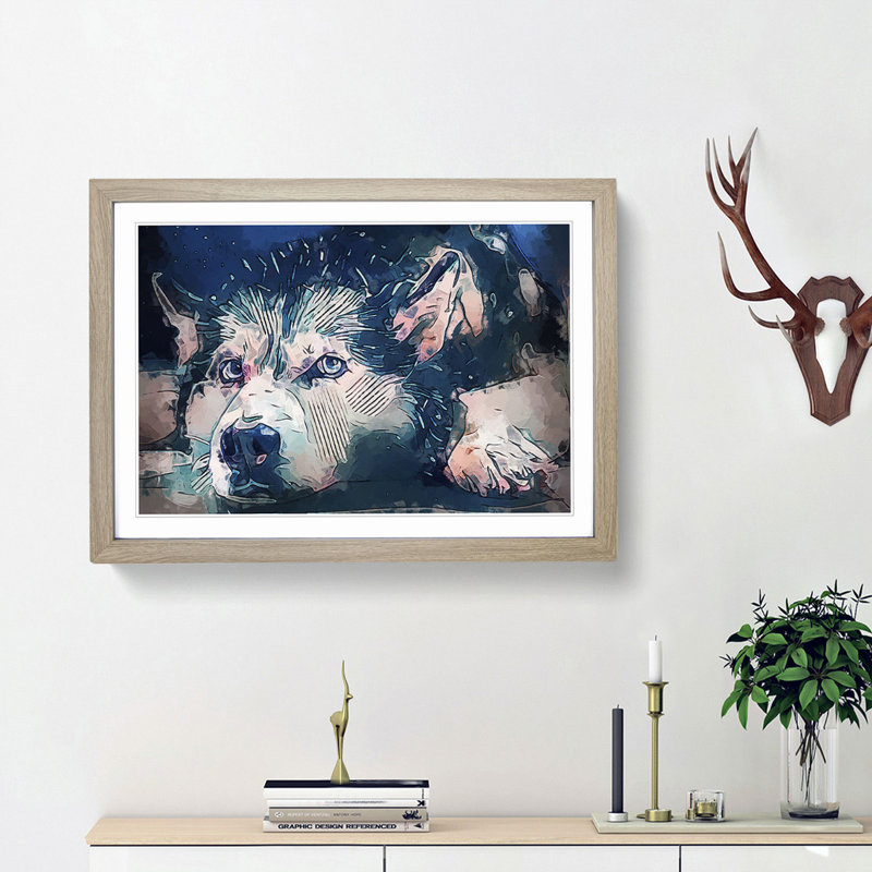 A Husky Dog in Abstract - Picture Frame Painting Print, 62cm H x 87cm W x 2cm D, Oak Framed