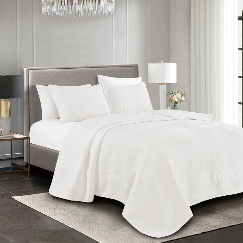 Ensemble de couvre-lit matelassé en coton 3 pièces Ryo, Couvre-lit grand + 2 pièces supplémentaires, Blanc