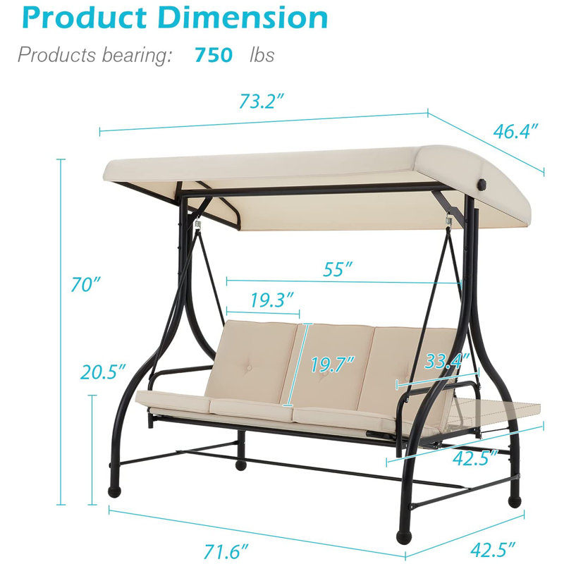 3 Person Porch Swing with Canopy, Beige