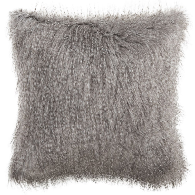Gray Faux Fur Feather Filled Square Throw Pillow