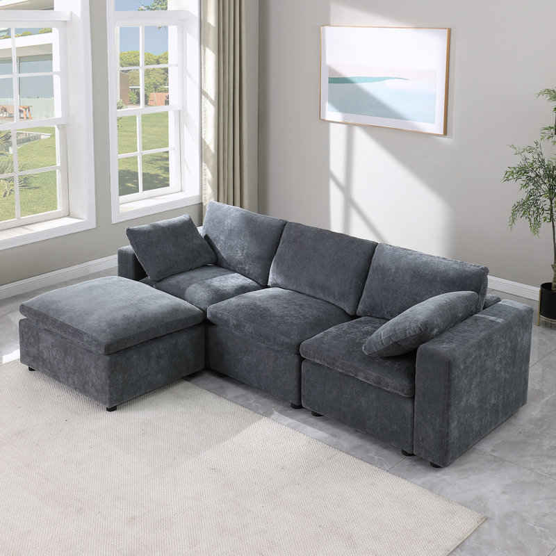 Upholstered L-Shaped Sectional Reversible, Gray Chenille