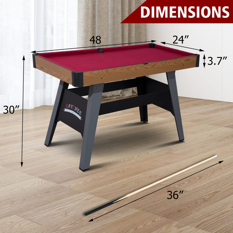 48" Portable Pool Table Billiard Table with 2 Cue Sticks, Balls, Triangle, Chalk, Brush,      Brown, Red