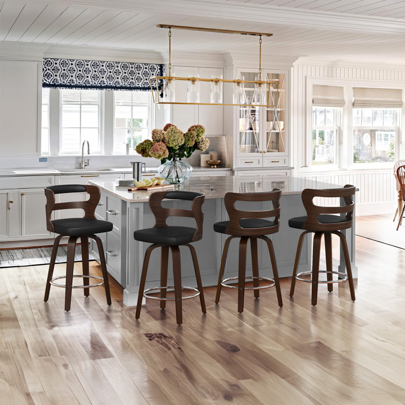 Myrtis Swivel Upholstered Bar Stool (Set of 4) , Black/Deep Walnut