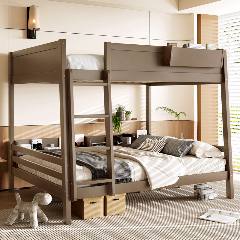 Queen Over Queen Solid Wood Bunk Bed with Shelves, Queen Over Queen, Vintage Brown