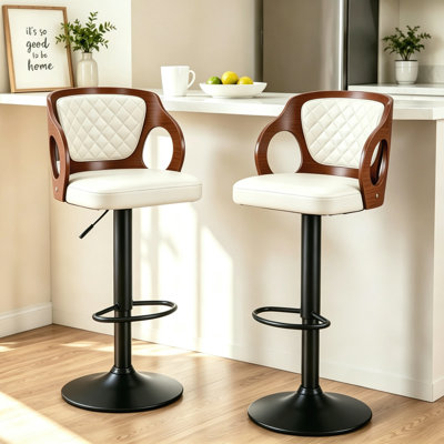 Ferriera Set of 2 Adjustable Height Swivel Counter Stools, Upholstered Faux Leather Bar Chairs with Metal Base, Footrest, Mid-Century for Kitchen Island, Home Bar, Pub, Cafe, or Office, White