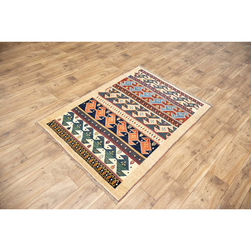 Tapis oriental tribal en laine noué à la main 3 pi 5 po x 4 pi 10 po