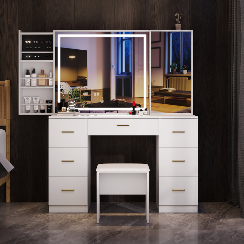 Ensemble de coiffeuse avec miroir éclairé, très grande coiffeuse à miroir avec 7 tiroirs et tabouret rembourré, coiffeuse avec tiroirs, bureau de coiffeuse de chambre à coucher (support à bijoux blanc, grand)