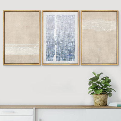 Muted Tan Blue Geometric Grid Abstract Neutral Chic Artwork Wall Art Framed On Canvas 3 Piece Print