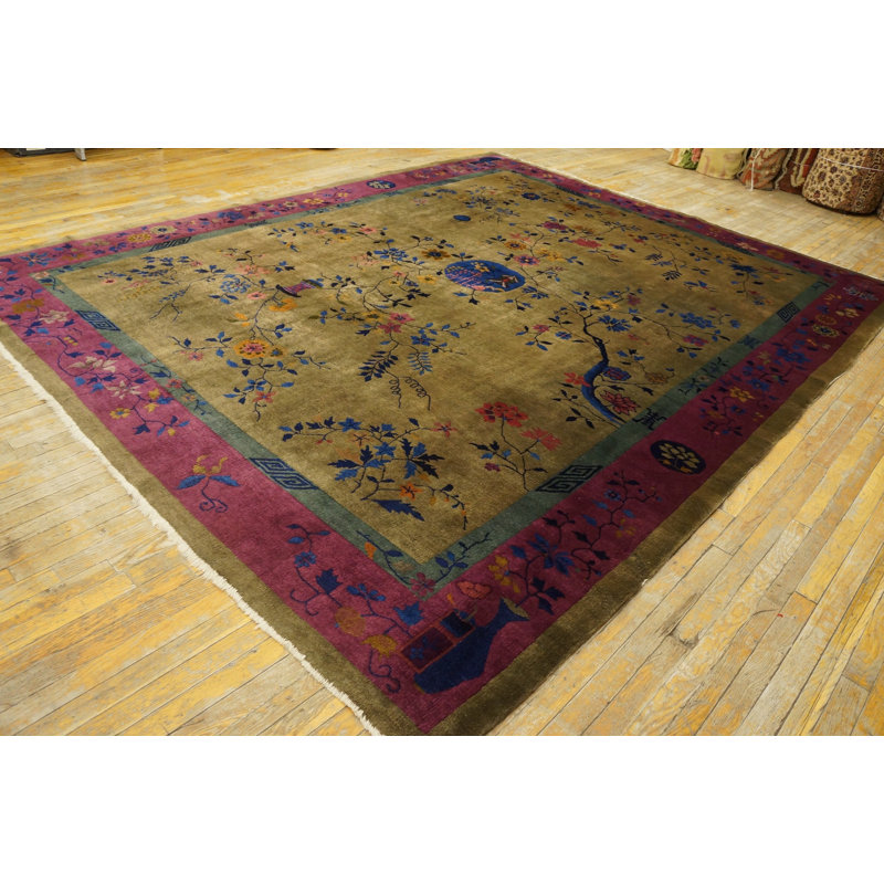 Antique Art Deco Room Size Wool Fuschia, Olive Rug