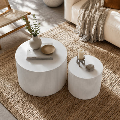 Modern Round Nesting Coffee Table Set of 2 with Fluted Embossed Design