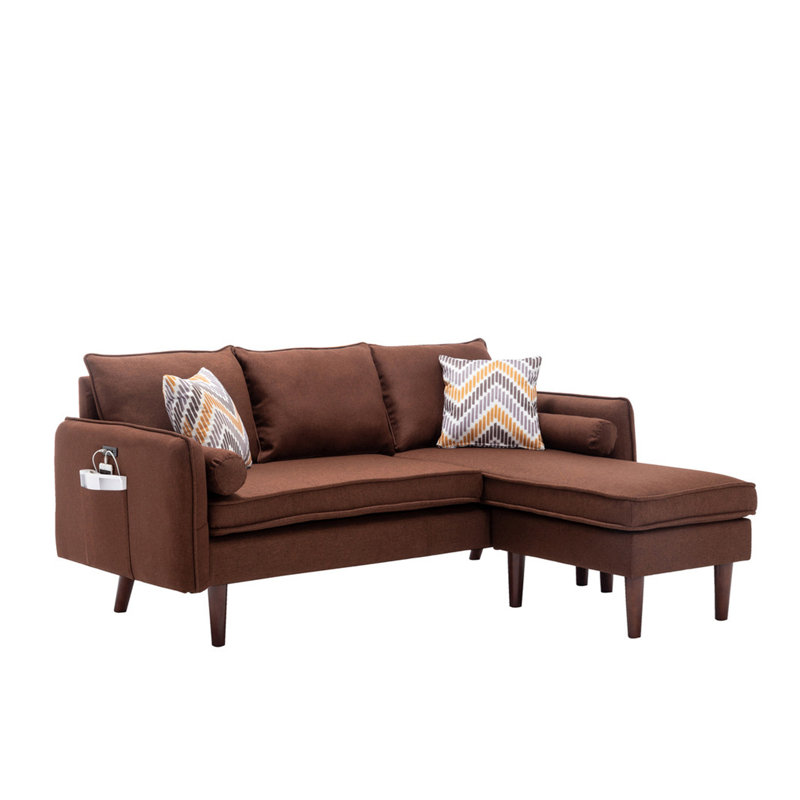 Mia 70" Brown Sectional Sofa Chaise with USB Charger & Pillows, Linen - Brown
