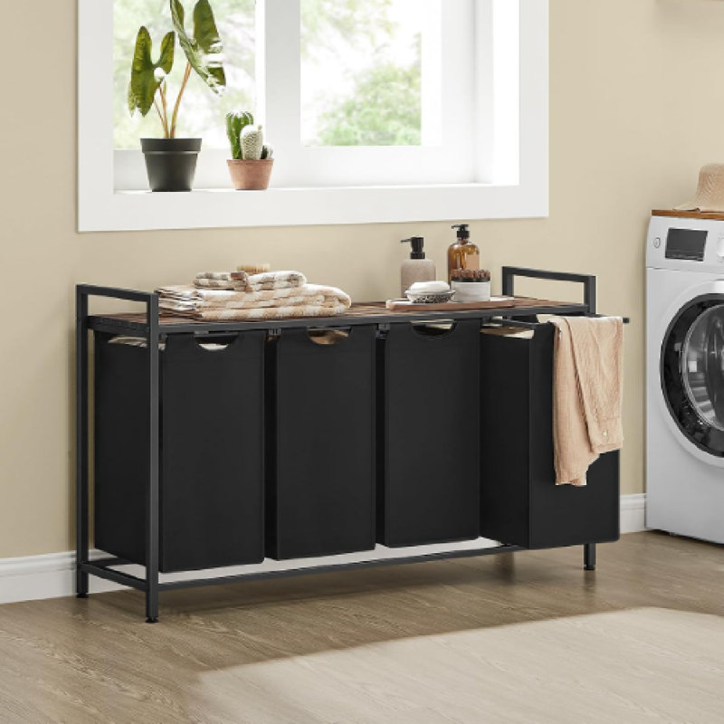 Wood Laundry Hamper with Handles, Rustic Brown/Black