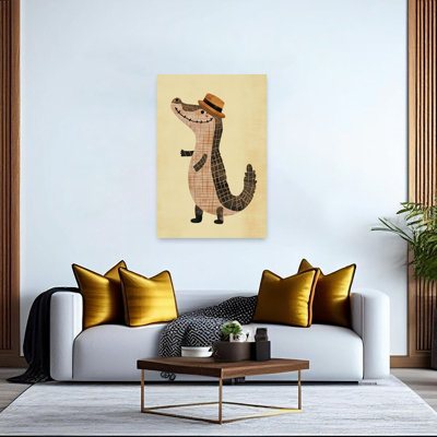 Smiling Gator In A Hat Playful Whimsical Contemporary Alligator Crocodile Wall Art Print 1 Piece Wrapped Canvas Wall Art