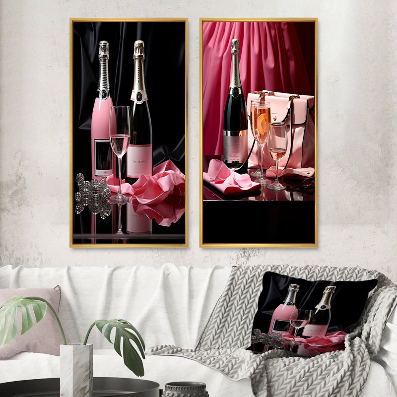 Sac de mode rose et champagne «Sac de mode rose et champagne» 2 pièces, H 32 po x l 32 po, Encadrement doré