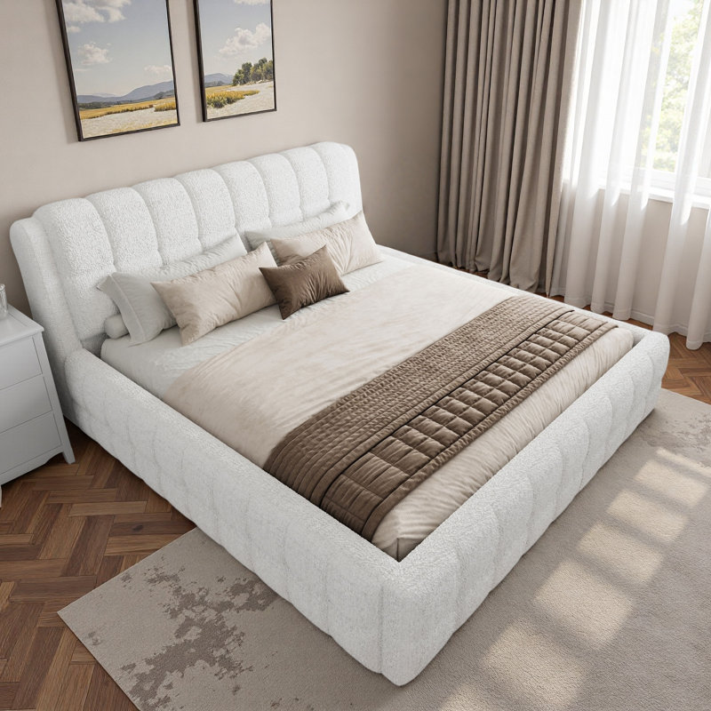 Lit plateforme tapissier avec tête de lit tapissier et pieds en métal, Blanc, Roi