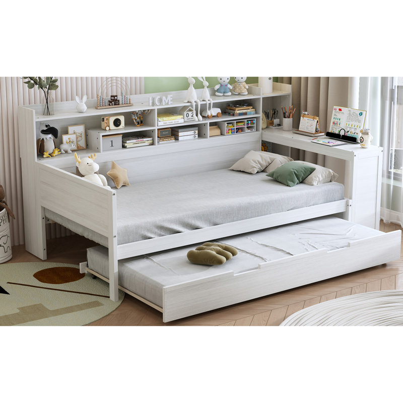 Lit de jour en bois avec tablettes de rangement, lit multifonctionnel avec lit gigogne simple et bureau, Lit simple
