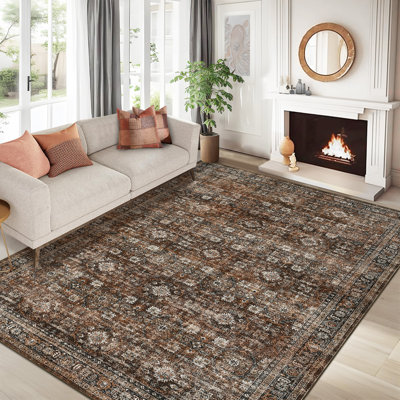 Tapis décoratif vintage à motif floral lavable 5 x 7 avec envers antidérapant, tapis décoratif à poils courts vieillis, revêtement de sol traditionnel résistant aux taches pour le salon, la chambre à coucher, rouge
