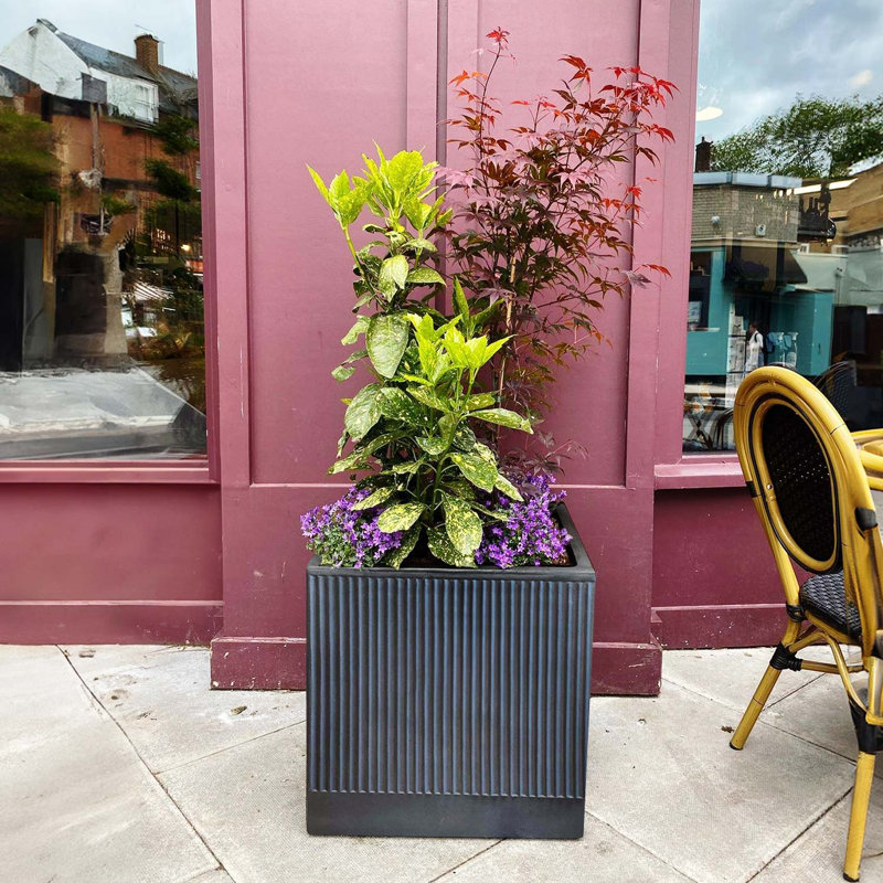 Black Concrete Effect Square Planter, Vintage Style Flower Box, Frostproof Outdoor Plant Pot, Garden Planter Box with Drainage Holes