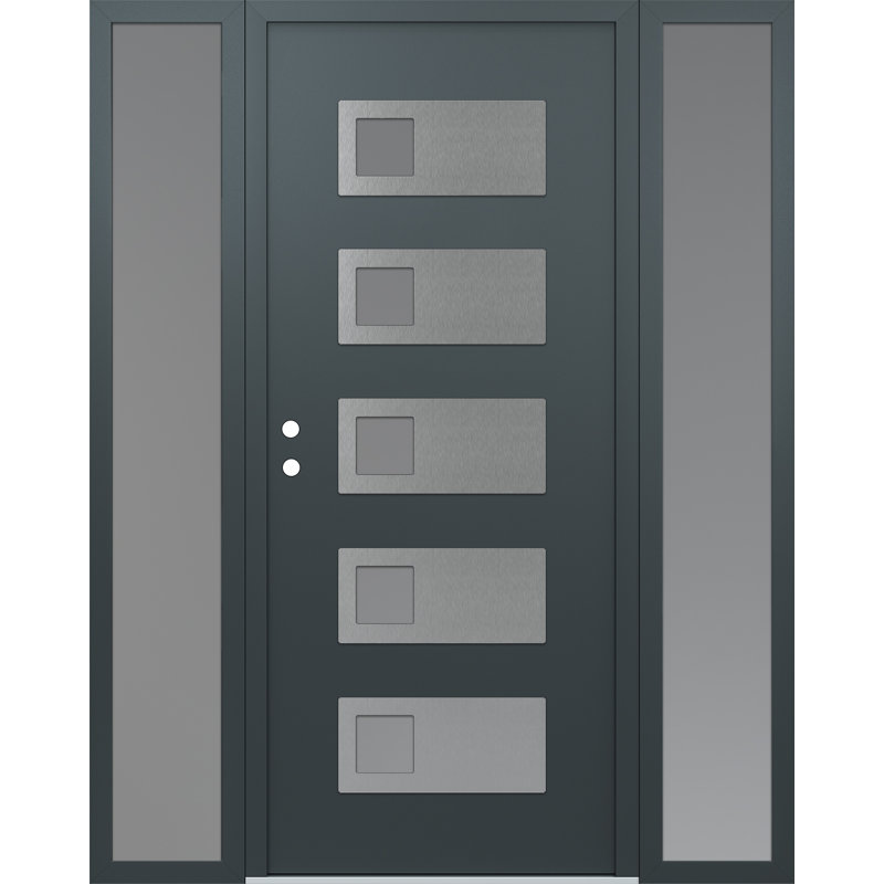 D2 64 po. X 80 po Panneau d'entrée en acier argenté anthracite et verre givré anthracite avec 2 portes avant en verre givré