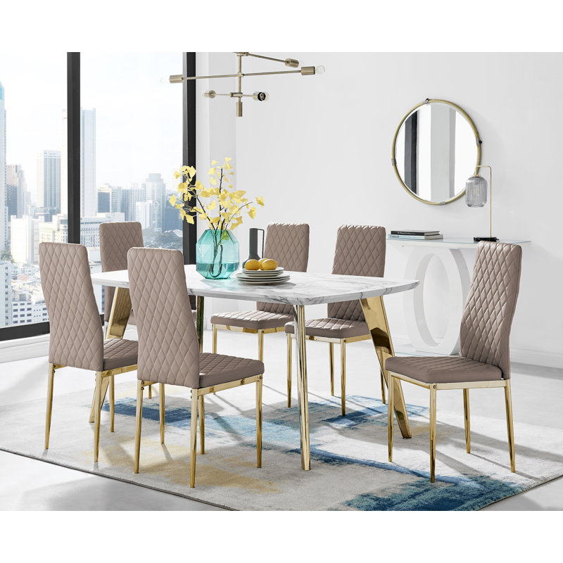 Anders Modern Veneer Marble Effect Dining Table Set with 6 Quilted Faux Leather Dining Chairs, Cappuccino/Gold, Gold