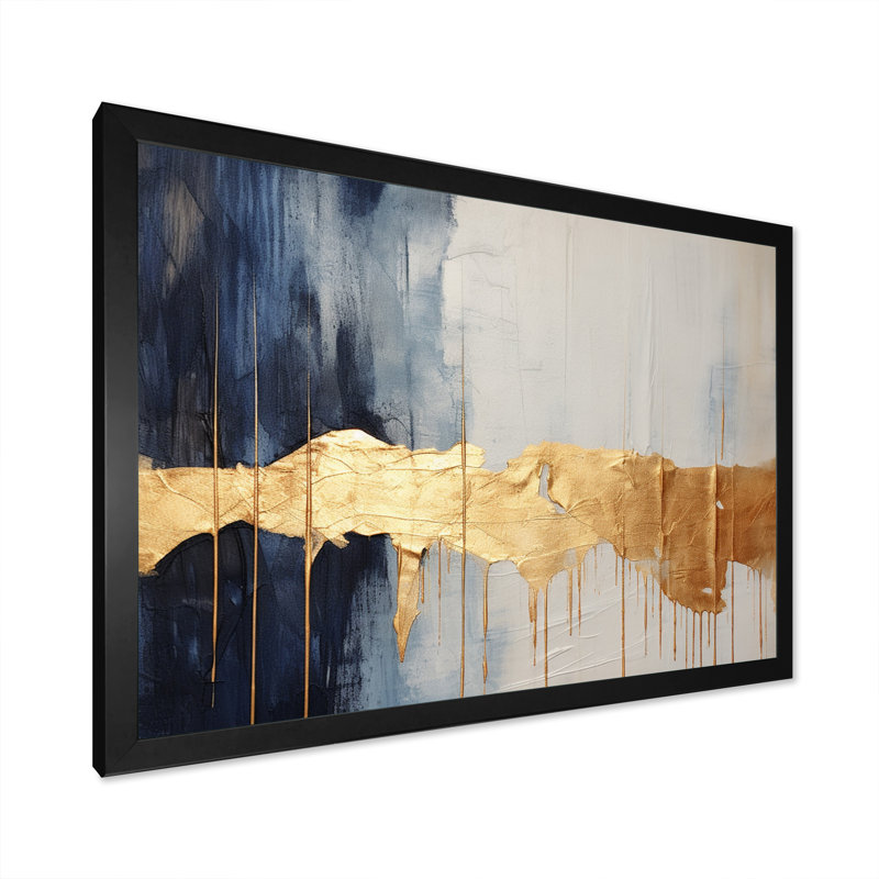 Waves Of Joy Minimal Nova - bleu et or I - peinture abstraite, art mural, H 12 po x l 20 po x P 1 po, Cadre photo noir
