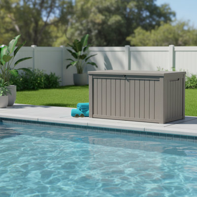 Coffre de rangement pour patio 180 gallons, bac extérieur imperméable avec grain de bois, coffre de terrasse en résine verrouillable pour les outils de jardin, les accessoires de piscine, les coussins de meubles et les jouets pour enfants