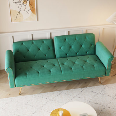 Lit en velours de 69,7 pouces avec décoration cloutée, 2 sièges, mobilier de chambre à coucher moderne, structure en bois massif et à panneau, dossier de siège en éponge, pieds en métal doré, lit, garniture, chambre à coucher moderne, rembourré, pieds,