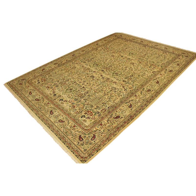 Tapis ivoire / vert en laine noué à la main 9 pi 4 po x 13 pi 6 po Roca Oriental