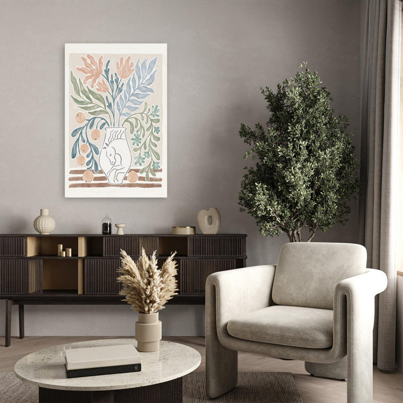Chypre V neutre - Bouquets bleus, art d'agrumes bruns, H 36 po x l 24 po