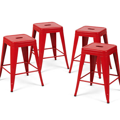 Tabourets de bar en métal rouge, sans dossier, hauteur de comptoir 61 cm (24 pouces), ensemble de 4, non empilables, robustes, pour adultes. Montage facile. Conception compacte pour salle à manger ou cuisine.