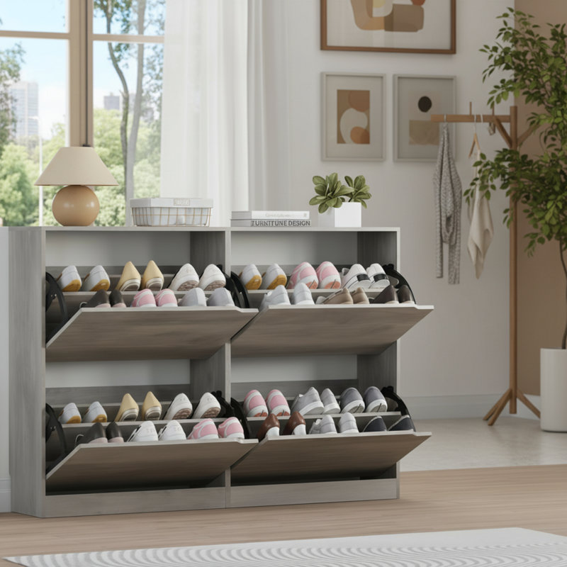 Étagère à chaussures étroite et dissimulée avec 4 tiroirs rabattables; Conception mince et autoportante; Convient au vestibule, au couloir, à la chambre à coucher et au salon.