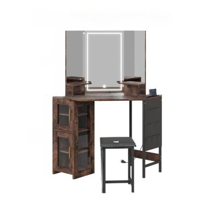 Bureau de coin de meuble-lavabo avec miroir lumineux à DEL et 3 ports USB pour studio de maquillage