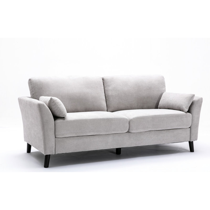Salon en velours gris avec 4 coussins, siège à ressorts ensachés, tissu brun foncé avec pieds robustes dans l'espace, coussins élégants,