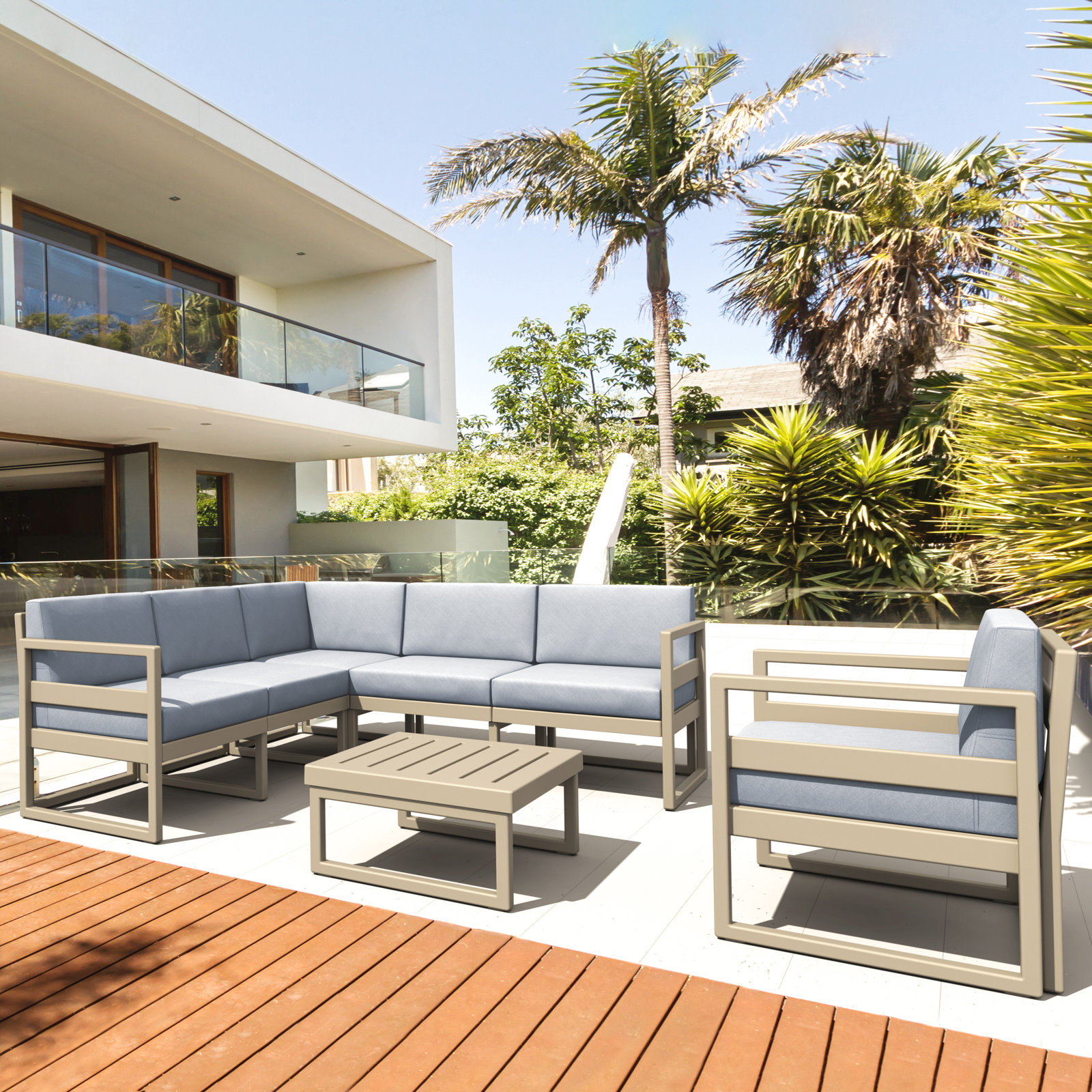 Lane 5 - Person Modular Patio Conversation Set with Cushions, Taupe, Canvas Granite Sunbrella® Canvas