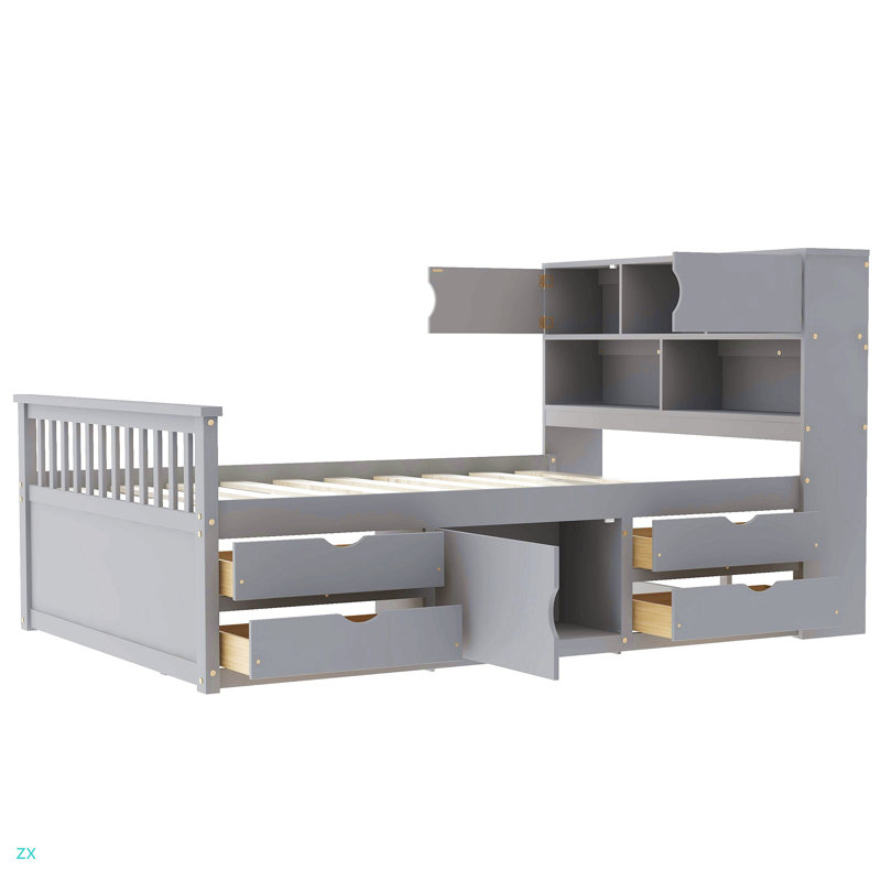 Structure de lit plateforme double pleine grandeur avec bibliothèques de rangement et tablettes, quatre tiroirs