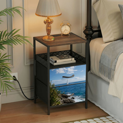 Table de chevet 2 tiroirs avec station de charge, table de chevet pour chambre à coucher avec ports USB, tablette ouverte noire, table de chevet avec voilier mer bleue tranquille