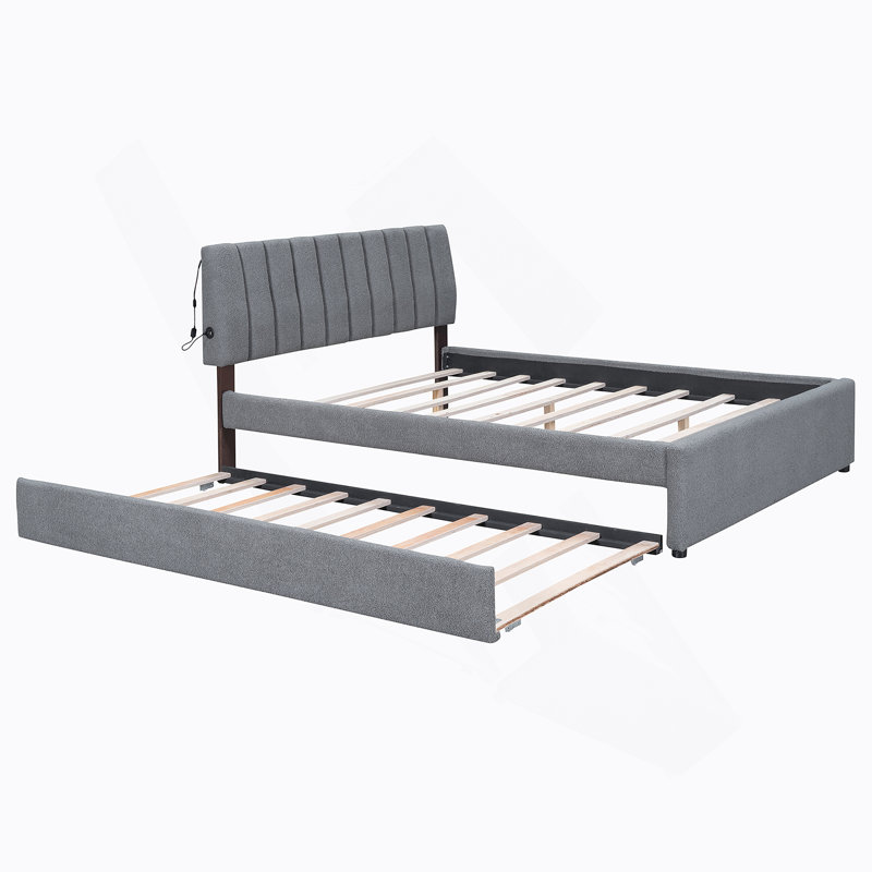Upholstered Platform Bed with Trundle, Gray, Queen