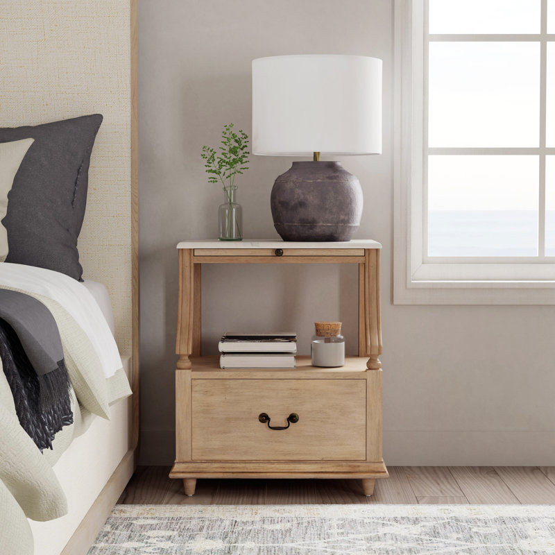 Table de chevet à 1 tiroir en marbre l 24 po Aberdale, beige, Beige santal