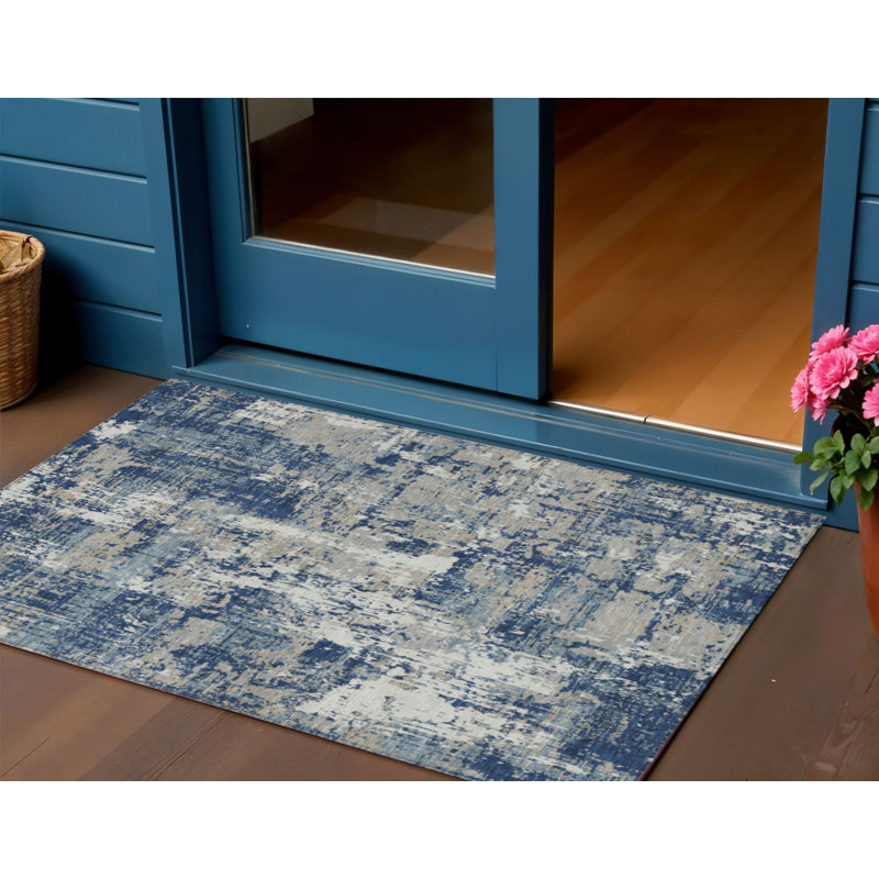 Tapis d'extérieur lavable abstrait 3 pi x 5 pi bleu marine et gris