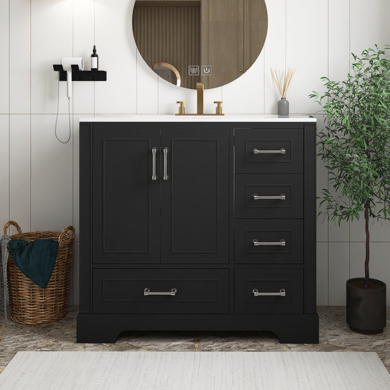 Meuble-lavabo traditionnel avec lavabo en céramique, armoire de salle de bain noire avec deux portes à fermeture douce et quatre tiroirs