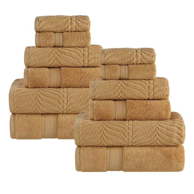 Purdey Chevron Zero Twist Solid and Jacquard Cotton 12 Piece Bathroom Towel Set, Gold