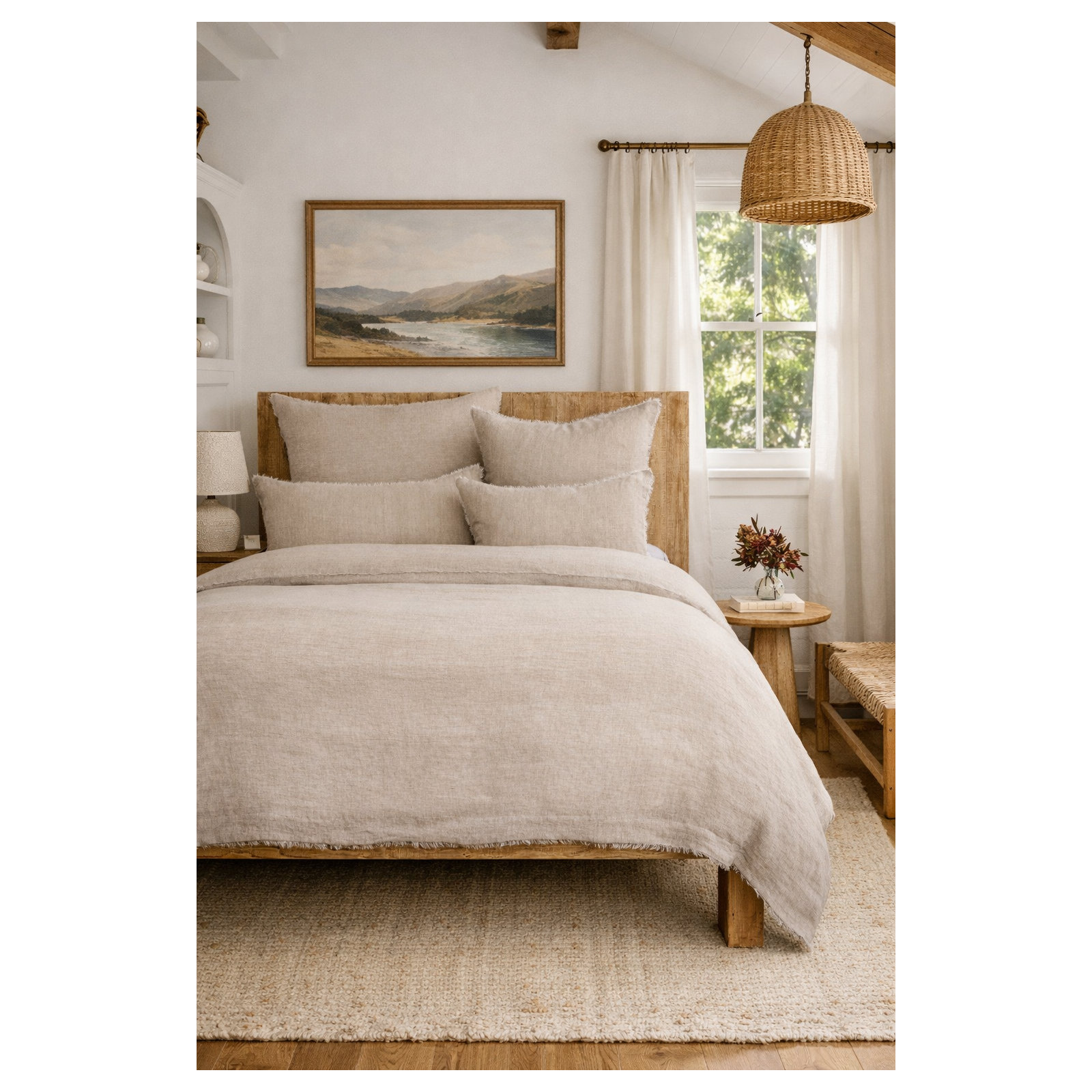 Hunter Fringed Linen Lumbar Throw Pillow, Flax