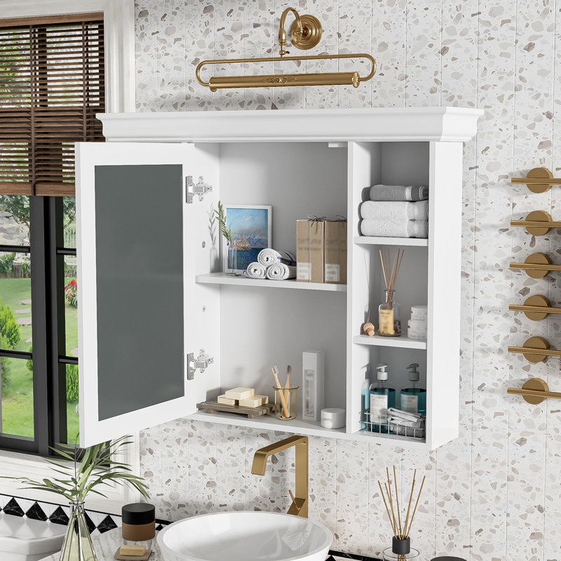 Armoire de rangement murale pour salle de bain avec porte miroir et tablettes ouvertes, Blanc